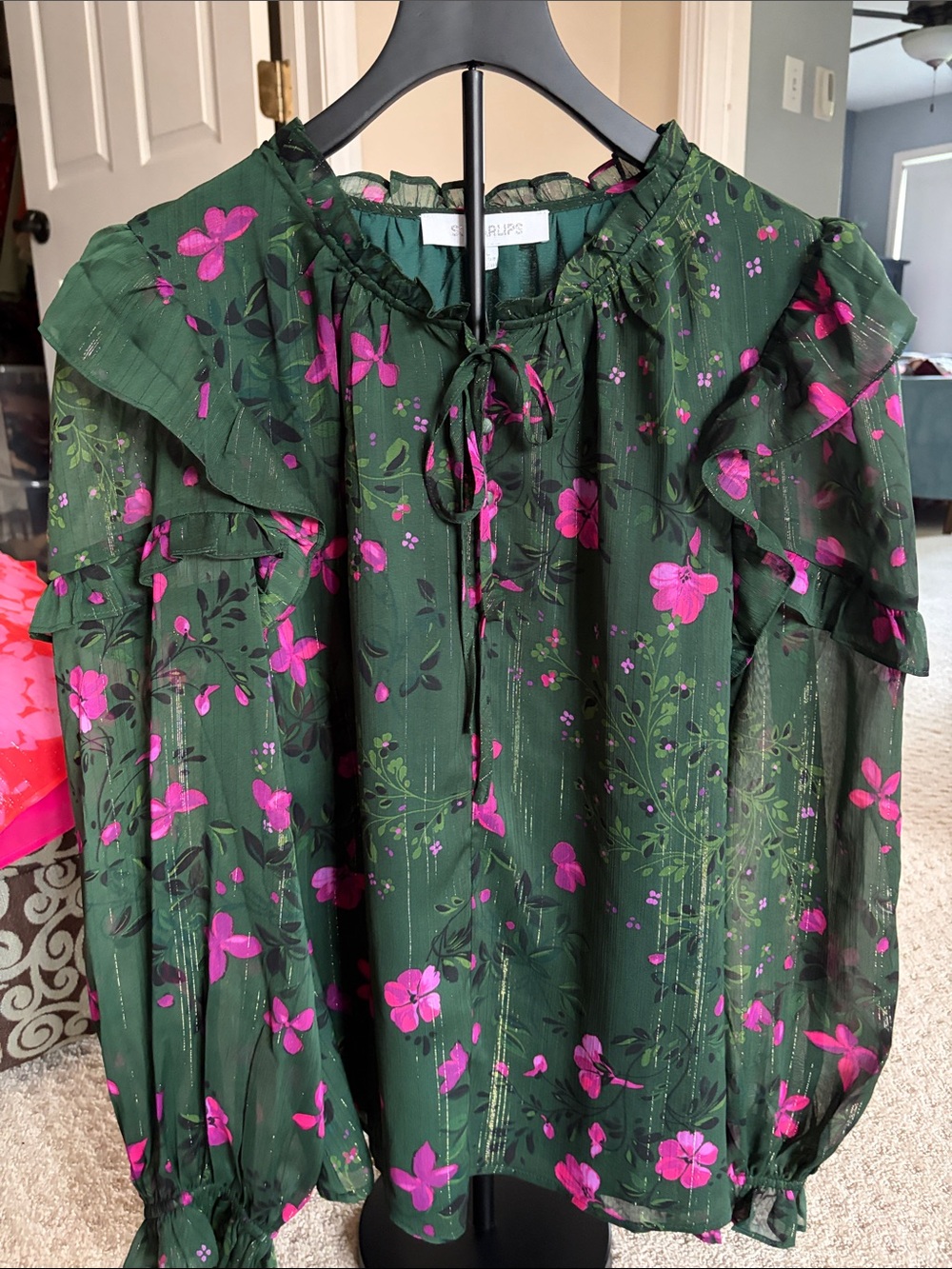 Sugarlips Dark Green Sheer Blouse with Pink Floral Ruffles